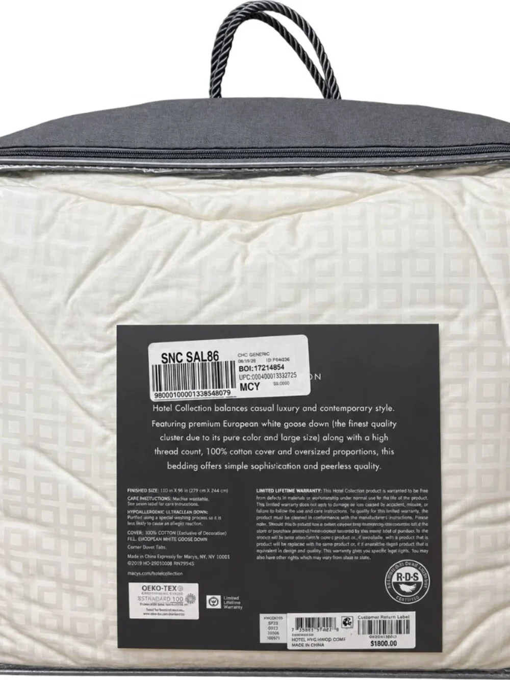 Hotel Collection White Goose Down Comforter King Heavyweight 700Fill Power $1300